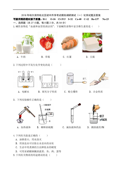 2018年哈尔滨市松北区初中升学考试模拟调研测试(一)化学试题及答案