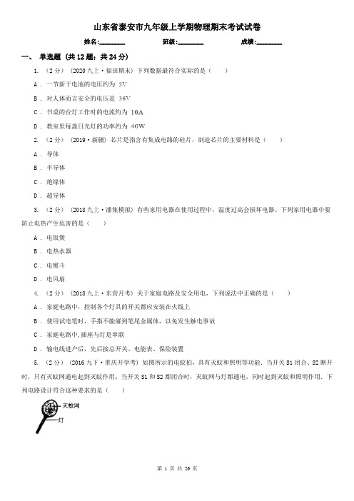 山东省泰安市九年级上学期物理期末考试试卷
