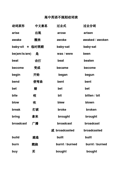 高中不规则动词过去式和过去分词表