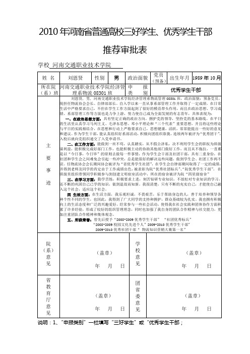2010年河南省普通高校三好学生刘恩贤