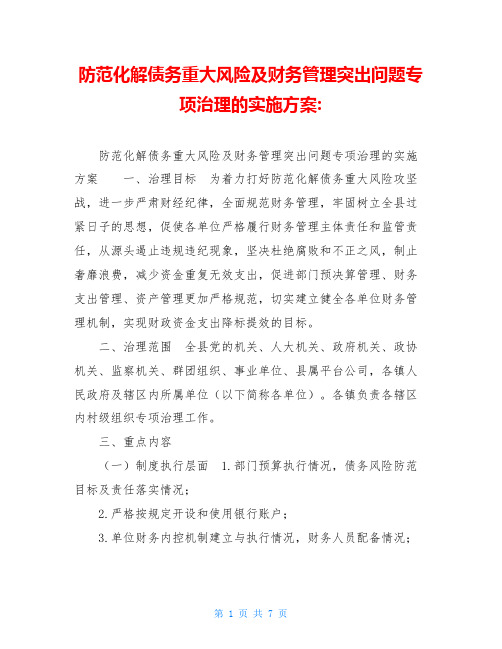 防范化解债务重大风险及财务管理突出问题专项治理的实施方案-