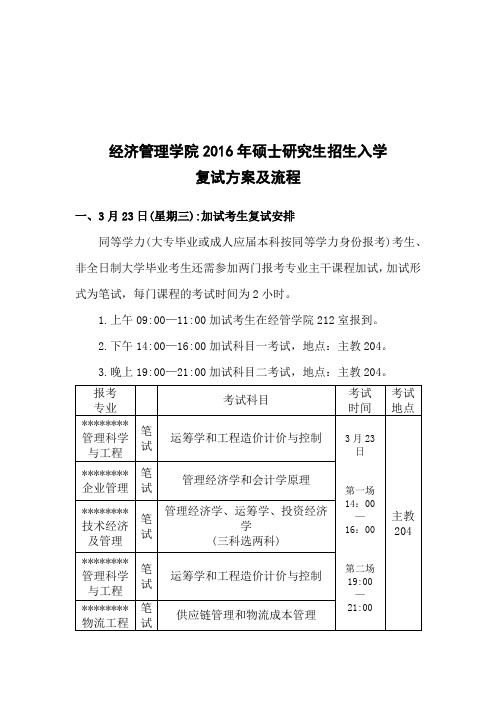 经济管理学院2016年硕士研究生招生入学复试方案及流程【模板】