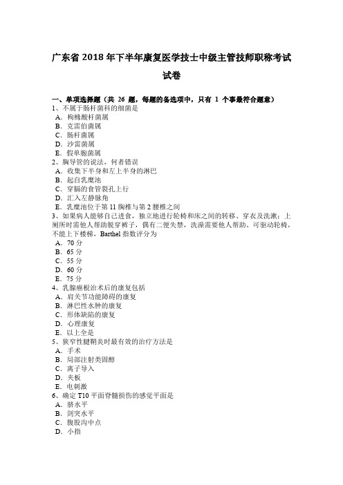 广东省2018年下半年康复医学技士中级主管技师职称考试试卷