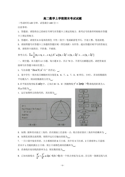 江苏省2020学年高二数学上学期期末考试试题 