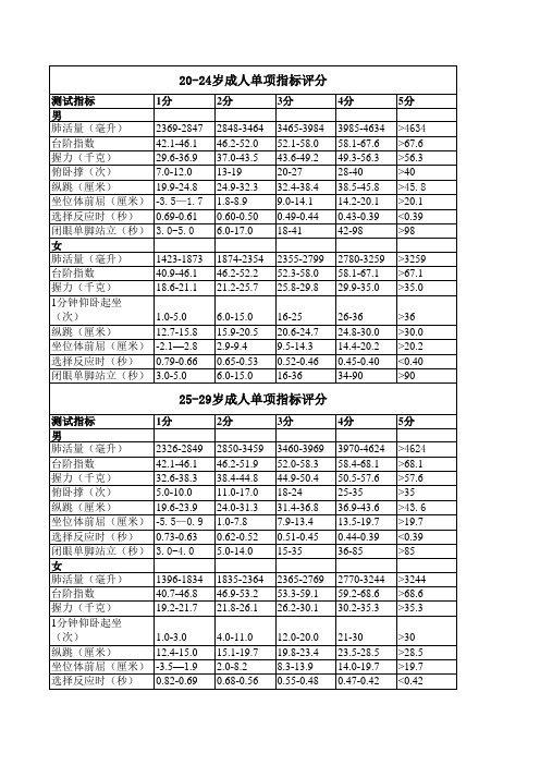 体质测试评价标准