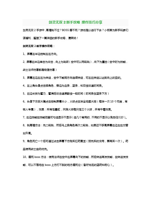 剑灵无双2新手攻略 操作技巧分享