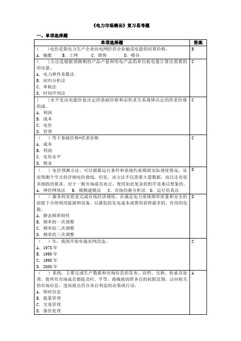 电力市场概论复习思考题