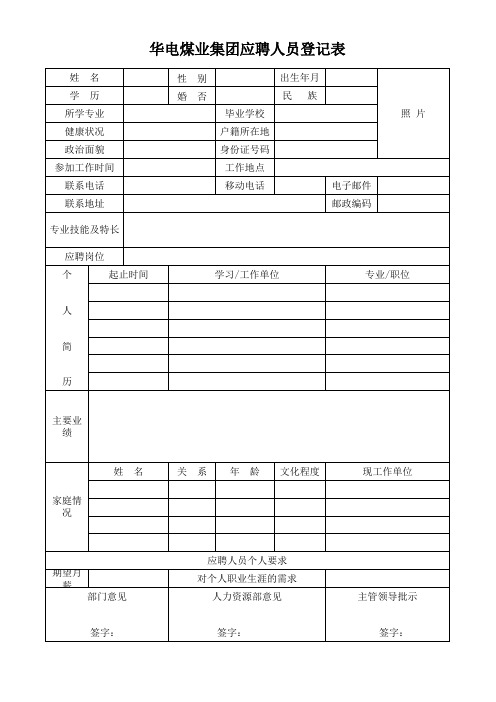 华电煤业集团应聘人员简历模板