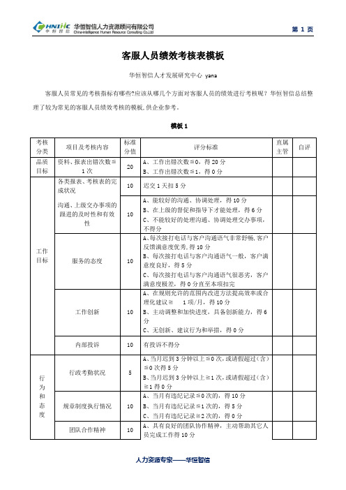 客服人员绩效考核指标及模板
