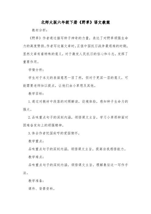 北师大版六年级下册《野草》语文教案