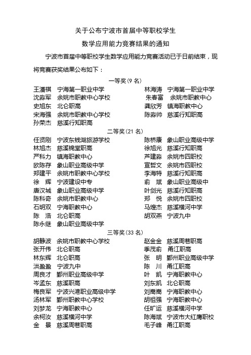 关于公布宁波市首届中等职校学生
