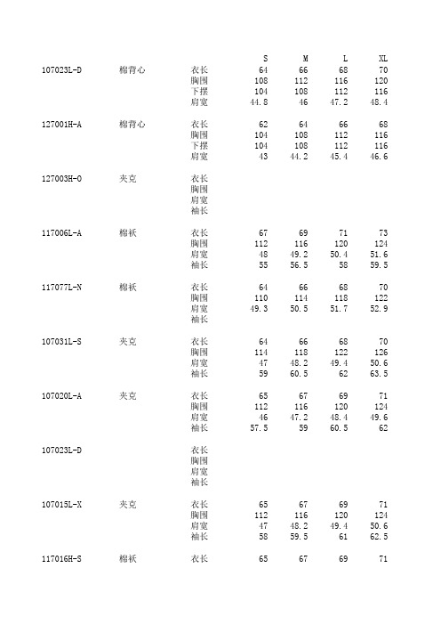 服装尺码表