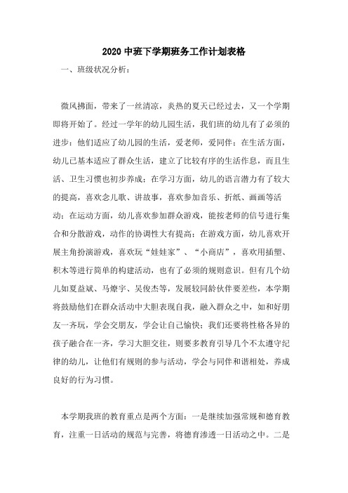 2020中班下学期班务工作计划表格