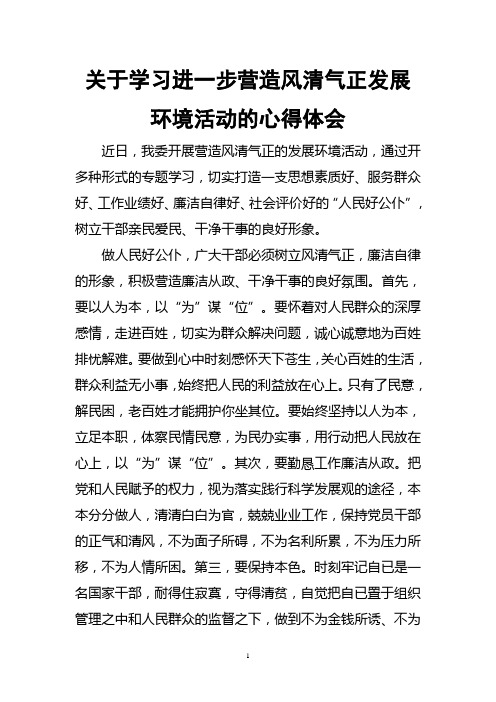 关于学习进一步营造风清气正发展环境活动的心得体会(1)