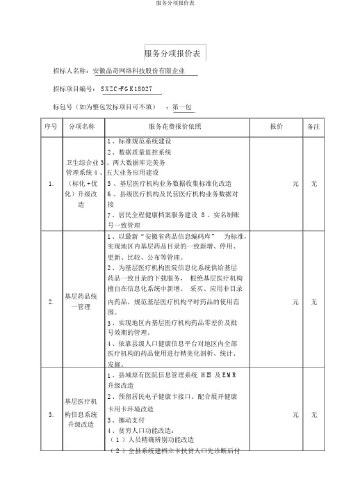 服务分项报价表