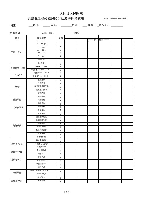 深静脉血栓形成风险评估表