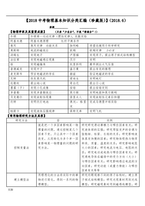 2018中考物理基本知识分类汇编