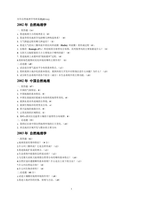 福建师范大学02---12年考研自然地理.