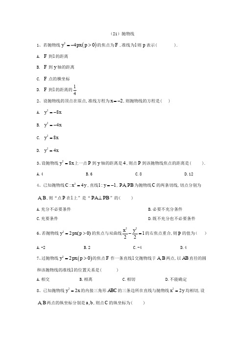 高二数学(文)人教A版寒假作业：(21)抛物线