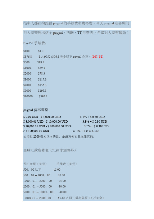 paypal与西联与TT手续费对比