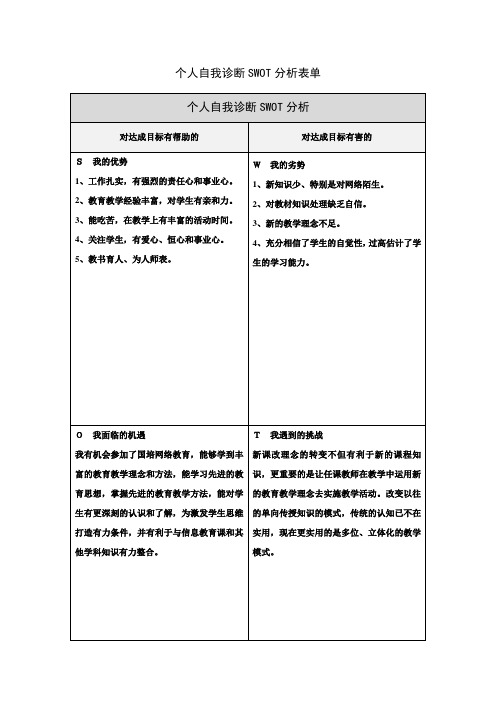 第一步骤所需文档：何秀兰自我诊断SWOT分析表