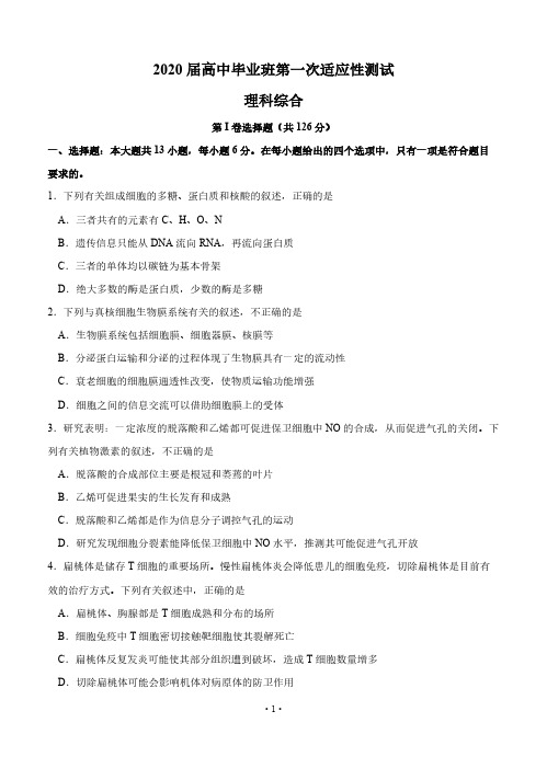 广西南宁市2020届高三毕业班第一次适应性测试 理综试题(含答案)