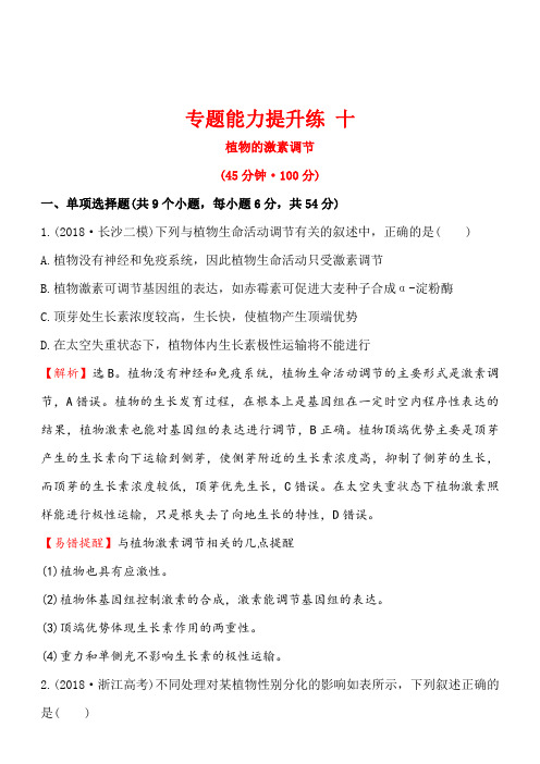 2018版高考生物二轮复习 专题能力提升练 十 1.10植物的激素调节 含答案