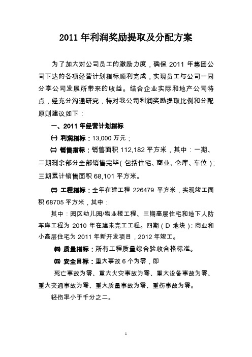 2011年利润奖励提取及分配方案