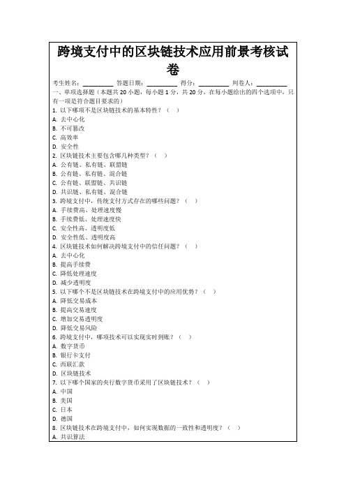 跨境支付中的区块链技术应用前景考核试卷