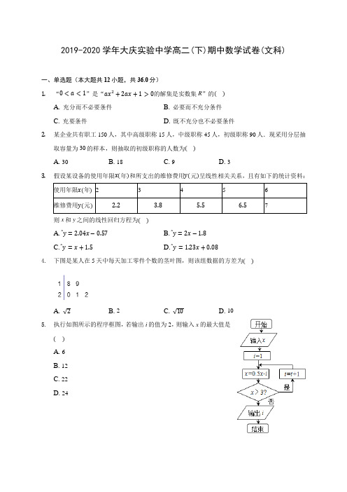 2019-2020学年大庆实验中学高二(下)期中数学试卷(文科)(含答案解析)