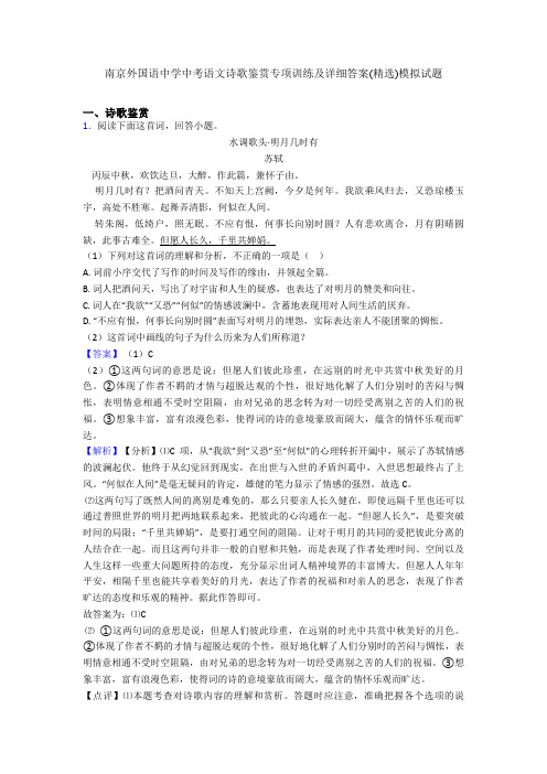 南京外国语中学中考语文诗歌鉴赏专项训练及详细答案(精选)模拟试题