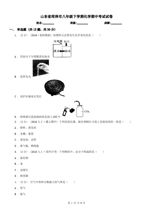 山东省菏泽市八年级下学期化学期中考试试卷