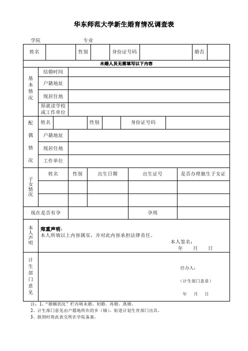 华东师范大学新生婚育情况调查表