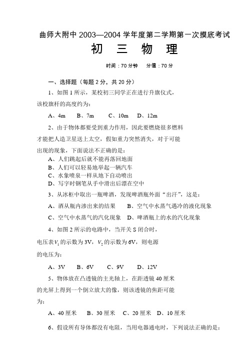 曲师大附中03—04学年度第二学期第一次摸底考试物理试卷及答案