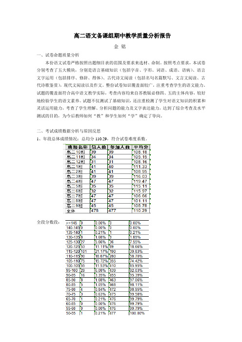 高二语文备课组期中教学质量分析报告