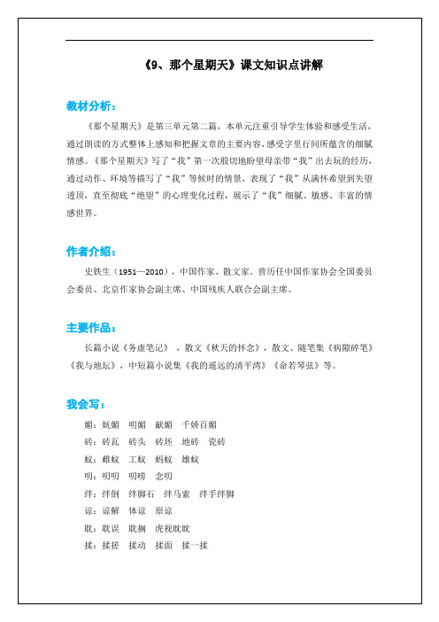 部编版六年级语文下册《9、那个星期天》课文知识点讲解