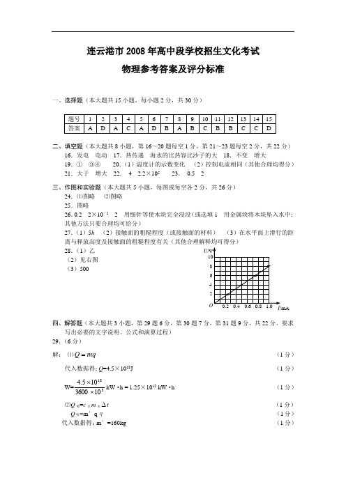 连云港市2008年高中阶段学校招生文化考试物理参考答案