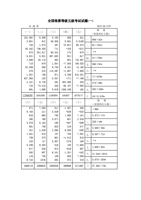 珠算等级五级考试试及答案