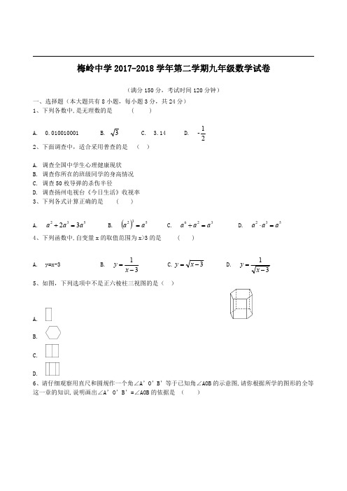 江苏省扬州市梅岭中学2018届中考第一次模拟数学试卷及答案