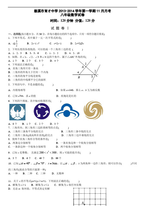 慈溪市育才中11月八级上月考数学试卷及答案