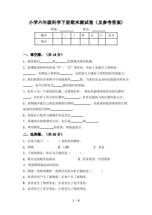小学六年级科学下册期末测试卷(及参考答案)