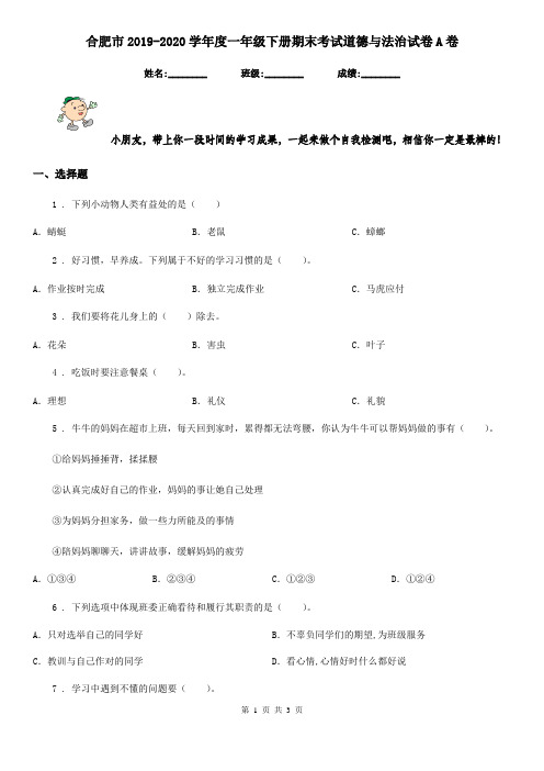 合肥市2019-2020学年度一年级下册期末考试道德与法治试卷A卷