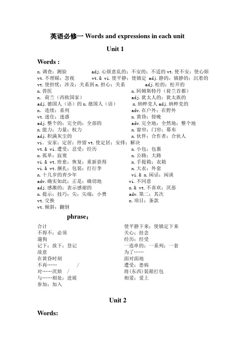 英语必修一Words and expressions in each unit