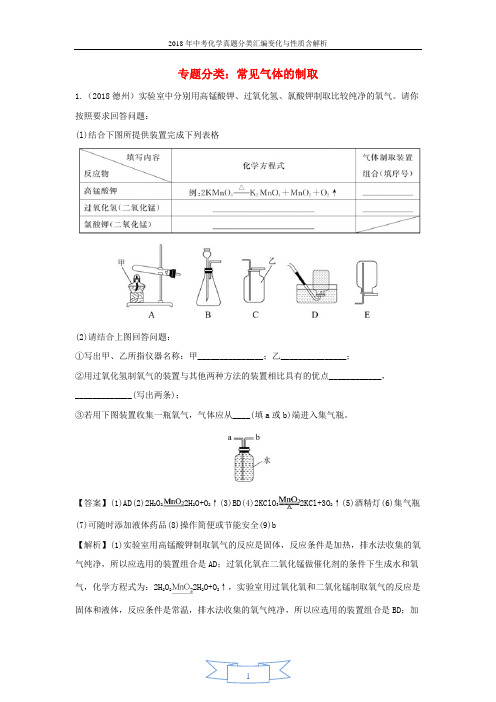 2018年中考化学真题分类汇编常见气体的制取含解析