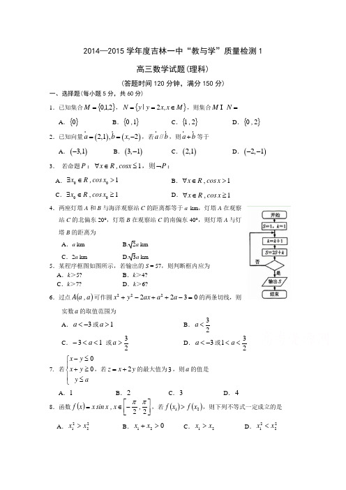 2014-2015学年度吉林一中教与学质量检测 数学理试题及答案