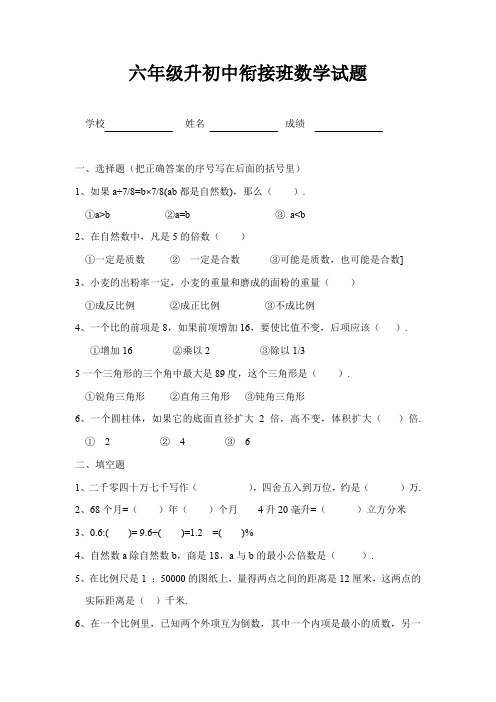 六年级升初中衔接班数学试题精选