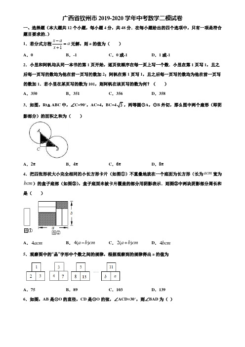 广西省钦州市2019-2020学年中考数学二模试卷含解析