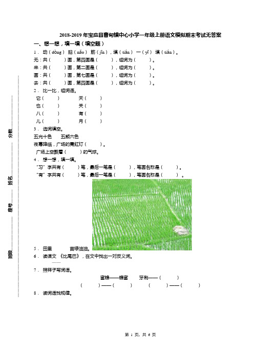 2018-2019年宝应县曹甸镇中心小学一年级上册语文模拟期末考试无答案