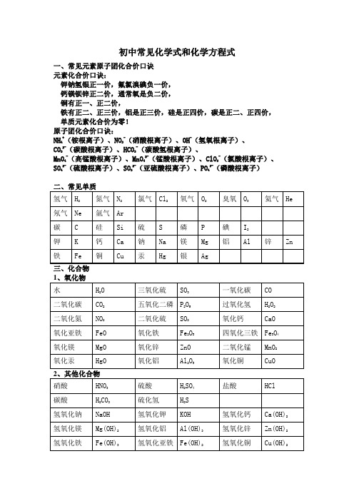 初中常见化合价化学式化学方程式