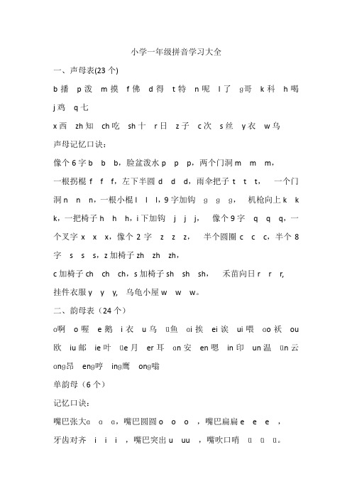 小学一年级拼音学习归纳